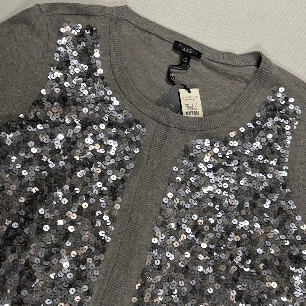 Talbots Womens Grey Sequin Front Cardigan Sweater Snap Button 3/4 Sleeve Size M